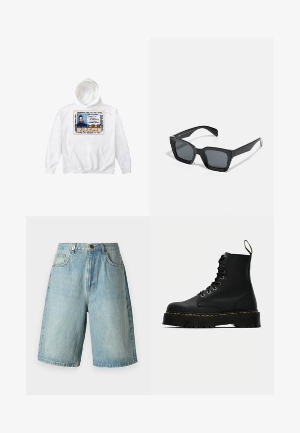 Biała bluza z kapturem, z dużym nadrukiem w formie identyfikatora w kolorach niebieskim, żółtym i czarnym, z kieszenią z przodu i ściągaczem na kapturze.; Jasnoniebieskie szorty dżinsowe o luźnym kroju, z przednimi kieszeniami, zapięciem na guzik oraz wyblakłym wykończeniem z subtelnymi szczegółami w postaci przetarć.; Czarne skórzane botki za kostkę na sznurówki z masywną, teksturowaną gumową podeszwą i żółtym przeszyciem wokół platformy.; Czarne prostokątne okulary przeciwsłoneczne z ciemnymi soczewkami. Plastikowa oprawka o błyszczącym wykończeniu, z szerokim mostkiem i lekko zwężającymi się ramionami.