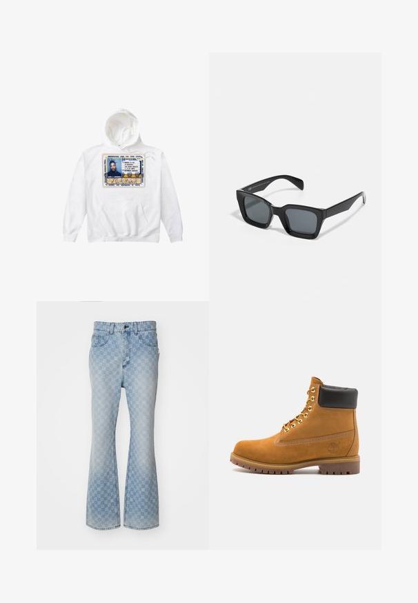 Weißer Hoodie mit einem großen, gedruckten Ausweis-Design in Blau, Gelb und Schwarz, mit einer Fronttasche und Kapuze mit Zugband.; Hellblaue Jeans mit weitem Bein, die ein Allover-Logo-Muster, fünf Taschen, einen Knopfverschluss und eine leicht ausgebleichte Optik aufweisen.; Beige Wildleder-Ankle-Boot mit schwarzem gepolstertem Kragen, goldenen Metallösen, weißen Nähdetalben und einer robusten Gummisohle mit ausgeprägtem Profil.; Schwarze rechteckige Sonnenbrille mit dunklen Gläsern. Kunststoffrahmen mit glänzender Oberfläche, ausgestattet mit einer breiten Brücke und leicht verjüngten Bügeln.