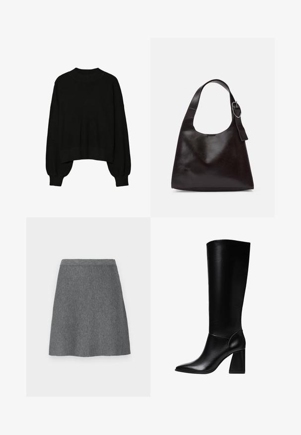 Musta neulepaita, jossa on pyöreä pääntie, ylisuuret hihat ja lyhennetty helma. Pehmeä rakenne ja ribbitekstuuri hihoissa ja helmassa.; Harmaa villahame, jossa on tiukka vyötärö, A-linjainen muoto ja sileä rakenne. Ei taskuja tai näkyviä metalliosia.; Stradivarius Korolliset saappaat - black; Ruskea nahkainen olkalaukku, jossa on sileä rakenne, pyöreä muoto, leveä hihna ja pyöreä metallikoriste kahvassa.