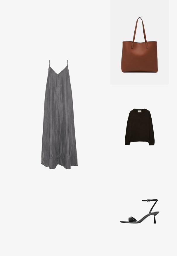 Tummanruskea neulottu paita, jossa on pyöreä kaula-aukko, roikotetut hartiat, ribatut hihansuut ja helma, pehmeällä tekstuurilla ja rennolla istuvuudella.; Harmaa farkkimekko, jossa on ohuet säädettävät olkaimet, V-pääntie ja löysä, virtaava siluetti. Reunoissa on ommeltuja yksityiskohtia.; Bershka Korolliset sandaalit - black; Ruskea nahkainen olkalaukku, jossa on sileä pinta, avoin yläosa ja kaksi olkahihnaa. Omaavat vain minimaalisen ompelun eikä näkyvää metalliosaa.