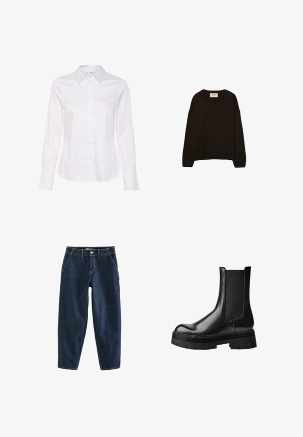 Temno rjav pleten pulover s krožnim izrezom, spuščenimi rameni, rebrastimi manšetami in robom, ki se ponaša z mehko teksturo in sproščenim krojem.; Bela srajca z dolgimi rokavi, ki ima klasičen ovratnik, gumbasto zapenjanje spredaj in ravno rob. Narejena je iz gladkega materiala in ima enostaven dizajn.; Temno modri kavbojki z ohlapnim krojem, ki imajo pet žepov, pasko za pas in kontrastne rumene šive. Čista, strukturirana tkanina.; Črni usnjeni gležnjar z elastičnim stranskim delom, okroglo konico, debelim platformnim podplatom in teksturirano zgornjo plastjo za boljši oprijem.