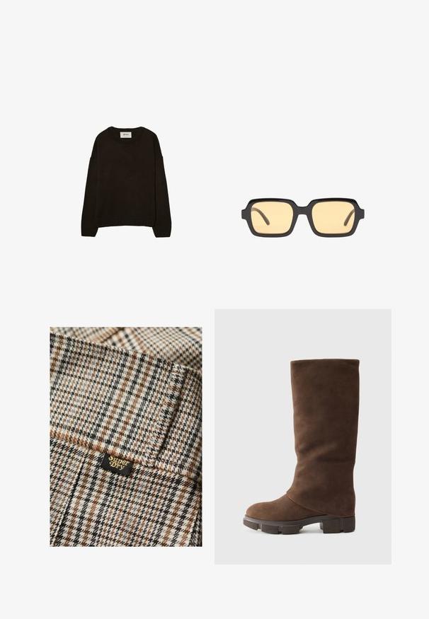 Maglione lavorato a maglia color marrone scuro con scollo rotondo, spalle scese, polsini e orlo a coste, caratterizzato da una morbida texture e una vestibilità comoda.; Tessuto a scacchi nei toni marrone, grigio e nero con una finitura testurizzata. Include un piccolo etichetta nera con la scritta "Superdry" in lettere dorate.; Stivale al ginocchio in suede marrone con punta rotonda, tacco alto e spesso, e una texture morbida e leggermente stropicciata. Nessun hardware o motivo visibile.; Occhiali da sole neri a forma rettangolare con lenti gialle, montatura leggera e angoli distintivi sui templi. Finitura liscia e lucida.; Borsa a secchiello in pelle nera con finitura testurizzata, dettagli in metallo dorato e apertura superiore. Presenta una maniglia corta e una tracolla regolabile.