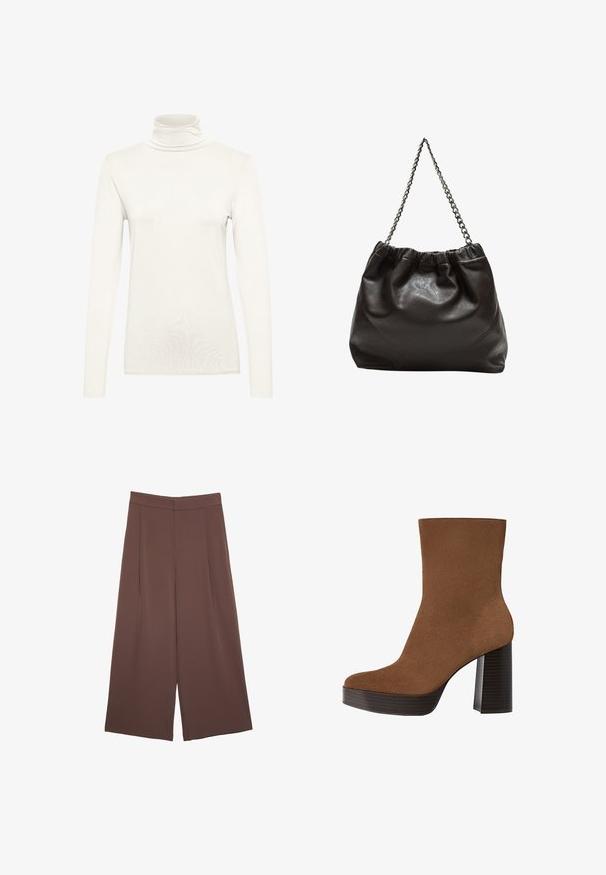 Dunkelbrauner Strickpullover mit Rundhalsausschnitt, überschnittenen Schultern, gerippten Bündchen und Saum, der eine weiche Textur und eine entspannte Passform aufweist.; Langärmliges Oberteil mit Rollkragen in Creme, aus weichem Stoff mit figurbetontem Schnitt. Verfügt über einen hohen Kragen und eine glatte, gleichmäßige Textur.; Braune Weite-Leg-Hosen mit einer glatten Textur, hoher Taille und Vorderfalten. Der Stoff ist leicht und fällt locker.; Braunes Wildleder-Ankle Boot mit runder Spitze, klobigem schwarz gestreiften Absatz und glatter Oberfläche. Besitzt ein enganliegendes Design ohne sichtbare Beschläge.; Braune Lederhandtasche mit gerafftem Oberteil und Kettenriemen. Glatte Textur mit glänzendem Finish und subtilen Nahtdetails an den Seiten.