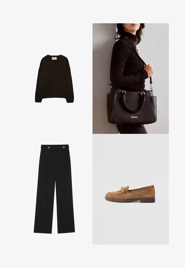 Pull en tricot marron foncé avec un col rond, des épaules tombantes, des poignets et un ourlet côtelés, présentant une texture douce et une coupe décontractée.; Pantalons larges noirs à taille haute, avec des détails de boutons à la taille et des plis sur le devant.; Tamaris Chaussons - camel; Sac à main noir avec surface texturée, deux poignées supérieures et bandoulière réglable. Doté de quincaillerie dorée et de poches latérales.; Boucles d'oreilles en métal doré, présentant une grande forme circulaire dotée d'une texture lisse et polie, avec un accent en forme d'ovale en haut.