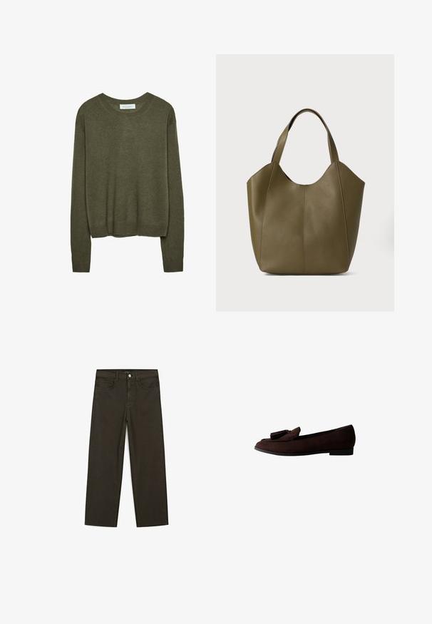 Green sweater made of soft fabric, features a round neckline, long sleeves, and a relaxed fit with ribbed cuffs and hem.; Dark green wide-leg jeans made of cotton blend, featuring a front button closure, five pockets, and classic denim stitching.; Brown suede loafer with a rounded toe and decorative tassel on the upper. Flat sole with a minimalistic design and smooth texture.; Olive green leather tote bag with dual straps, smooth texture, and four panel design. Reinforced stitching along seams for durability.