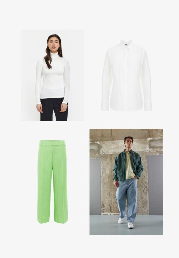 Witte geribde coltrui met lange mouwen, aangesloten ontwerp en een gladde textuur. Gecombineerd met zwarte broeken, wat de strakke stijl benadrukt.; Witte langemouwen shirt van katoen, met een klassieke kraag, knopen aan de voorkant en een rechte zoom met iets afgeronde randen.; Groene wijde broek van textuurstof, met een rechte snit, een platte tailleband en zonder zichtbare sluitingen of zakken.; Groene bomberjack over een lichtgele polo, gecombineerd met losse blauwe jeans en witte sneakers. Glad materiaal, ontspannen pasvorm, minimale hardware.