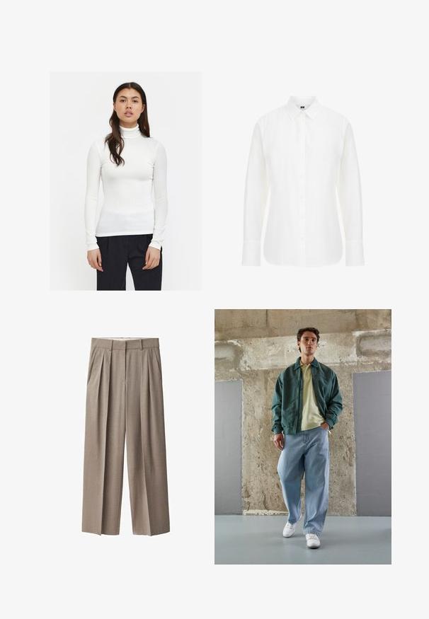 Bijela rebrasta majica s dugim rukavima, uskog kroja i glatke teksture. Uparena s crnim hlačama, naglašava elegantan stil.; Bijela košulja s dugim rukavima od pamuka, koja ima klasični ovratnik, gumbe sprijeda i ravni rub s blago zaobljenim rubovima.; Bežane plisirane hlače napravljene od lagane tkanine, s visokim strukom, opuštenim krojem i dva bočna džepa. Ravni prednji dizajn.; Zelena bomber jakna preko svijetložutog polo majice, uparenih s labavim plavim trapericama i bijelim tenisicama. Glatki materijali, opušteni kroj, minimalna dodatna oprema.