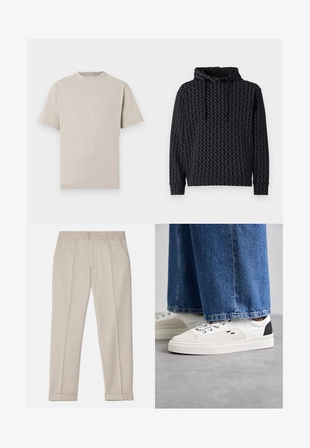Mikina s kapucí v černé barvě, která se vyznačuje opakujícím se šedým vzorem loga, se stahovací šňůrkou na kapuci a pružnými manžetami a lemem.; Světle béžové bavlněné tričko s kulatým výstřihem, krátkými rukávy a rovním lemem. Hladký povrch bez vzorů nebo ozdob.; Filippa K TERRY CROPPED TROUSERS - Kalhoty - sage melange; Bílé a černé tenisky s hladkým koženým svrškem, texturovanými akcenty a robustní bílou podešví. Mají klasický design se šněrováním.