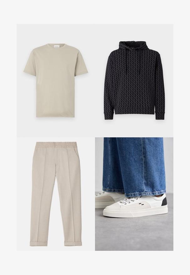 Czarna bluza z kapturem z powtarzającym się szarym wzorem logo, z kapturem na sznurki oraz ściągaczami na mankietach i u dołu.; Beżowa bawełniana koszulka t-shirt, krótki rękaw, okrągły dekolt, w jednolitym kolorze bez wzorów, luźny krój, z metką z napisem "CLOSED" przy dekolcie.; Filippa K TERRY szary; Białe i czarne sneakersy z gładką skórzaną cholewką, teksturowanymi akcentami oraz masywną białą podeszwą. Posiadają klasyczny system sznurowania.