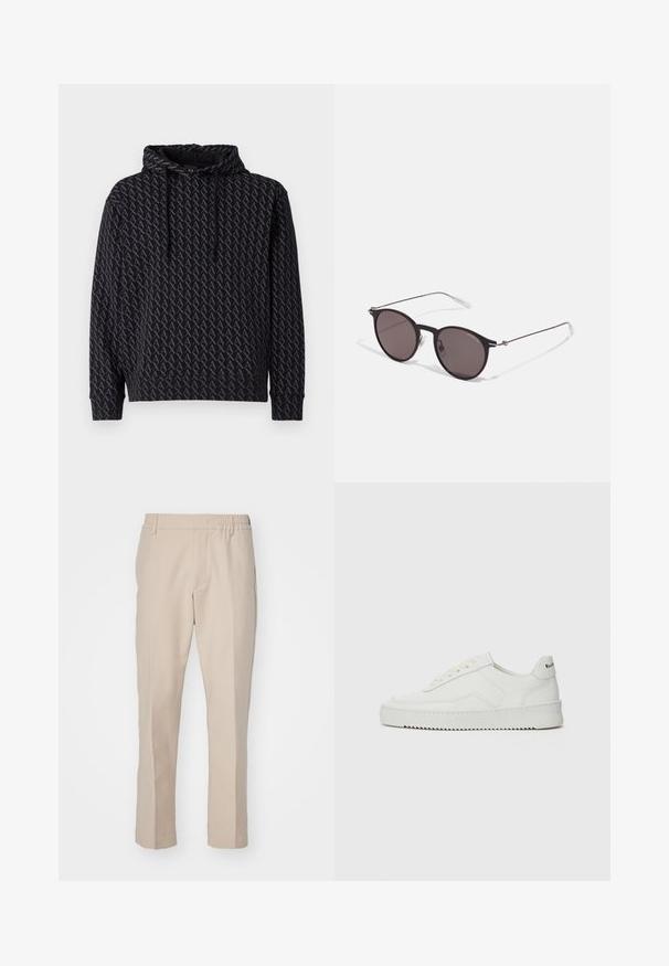 Čierna mikina s kapucňou s opakujúcim sa šedým logom, so sťahovacou kapucňou a ribovanými manžetami a lemom.; Béžové nohavice s hladkou textúrou, rovný strih a elastický pás. Majú bočné vrecká a neutrálne farby vhodné do rôznych outfitov.; Biele kožené tenisky s hladkým povrchom, okrúly špičkový dizajn, ploché šnúrky a textúrovaná podrážka. Obsahujú jemné logo na päte.; Čierne okrúhle slnečné okuliare s tmavými sklami a tenkými kovovými ramenami. Obsahujú priehľadné konce rámov a strieborné akcenty na pántoch. Minimalistický dizajn.