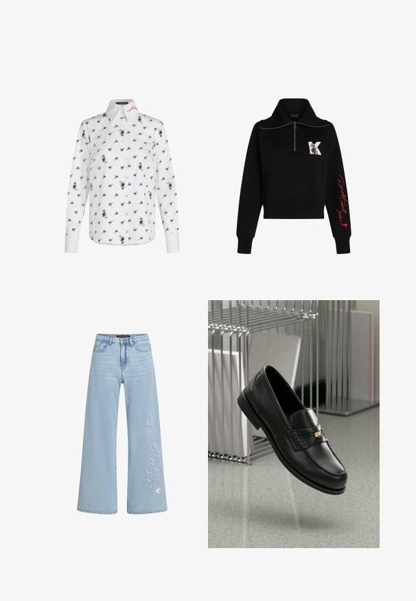 Svart cropped sweatshirt med høy krage, sølvglidelås og rød kursiv tekst på ermet. Har en tegneserielogo på forsiden.; Hvit skjorte med lange ermer som har et gjentatt mønster av tegneseriefigurer. Brodert rødt logo på kragen. Myk stoff, tilpasset passform.; Lys blå vide jeans i denim med brodert "Donald og Daisy" tekst på venstre ben. Har klassisk femlomme-design og beltehemper.; Sorte lærloafers med en glatt finish, med en dekorativ rem og liten gullaccent. Sålen er flat med rund tå.