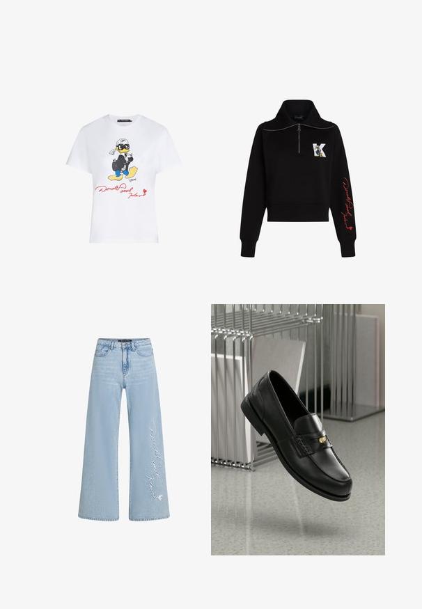 Svart croppad sweatshirt med hög krage, silverfärgad dragkedja och röd kursiv text på ärmen. Har en tecknad logotyp på framsidan.; Vit bomulls-t-shirt med en färgglad tecknad illustration av en anka i kostym med solglasögon, och röd text som säger "Donald och Karl."; Ljusblå vida jeans i denim med broderad text "Donald och Daisy" på vänster ben. Har klassisk femfickdesign och bälteshällor.; Svarta läderloafers med en slät yta, prydda med ett dekorativt band och en liten guldfinish. Sulan är platt med en rundad tå.