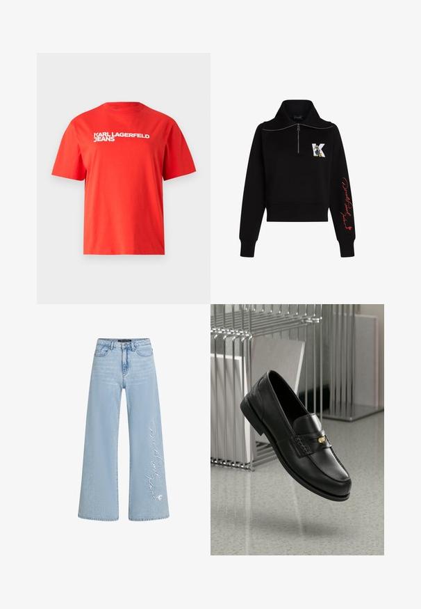 Czarna, krótka bluza z wysokim kołnierzem, srebrnym zamkiem błyskawicznym i czerwonym, stylizowanym napisem na rękawie. Na froncie znajduje się logo w stylu kreskówkowym.; Czerwona bawełniana koszulka z krótkim rękawem i okrągłym dekoltem. Z przodu znajduje się biały napis "KARL LAGERFELD JEANS" w pogrubionej czcionce.; Jasnoniebieskie dżinsy w szerokim kroju z denimu z wyhaftowanym tekstem "Donald i Daisy" na lewym nogawce. Posiadają klasyczny pięciopocketowy fason i szlufki na pasek.; Czarne skórzane mokasyny o gładkim wykończeniu, z ozdobnym paskiem i małym złotym akcentem. Podeszwa jest płaska, a czubek zaokrąglony.
