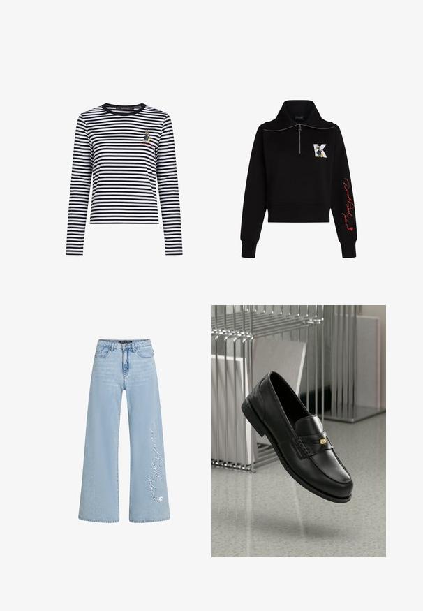 Svart croppad sweatshirt med hög krage, silverfärgad dragkedja och röd kursiv text på ärmen. Har en tecknad logotyp på framsidan.; Svart-vit randig långärmad skjorta med rund halsringning och en liten broderad karaktär på bröstet. Mjuk bomull.; Ljusblå vida jeans i denim med broderad text "Donald och Daisy" på vänster ben. Har klassisk femfickdesign och bälteshällor.; Svarta läderloafers med en slät yta, prydda med ett dekorativt band och en liten guldfinish. Sulan är platt med en rundad tå.