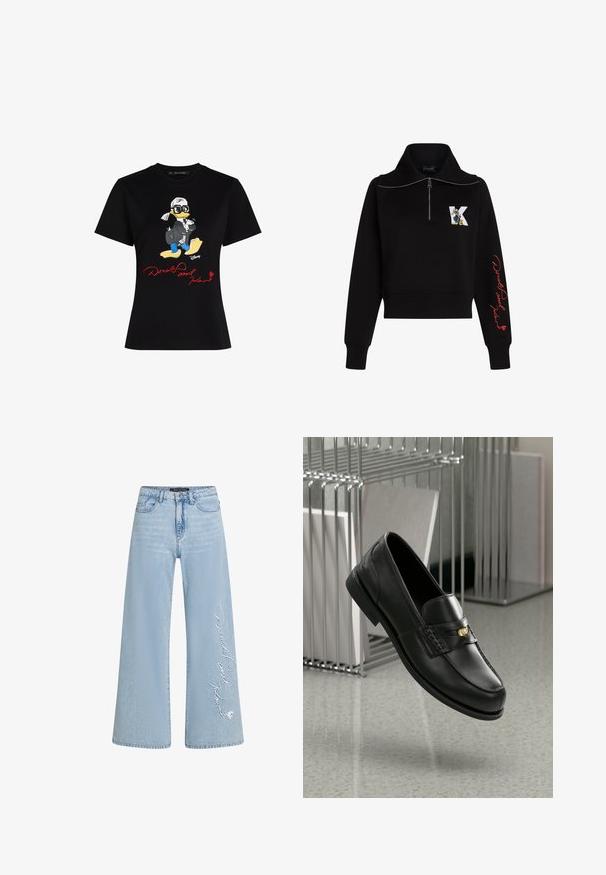 Černý zkrácený svetr s vysokým límcem, stříbrným zipem a červeným kurzivním textem na rukávu. Na přední straně se nachází kreslené logo.; Černé bavlněné tričko s barevnou grafikou kreslené postavičky a červeným textem "Donald a Karl" na přední straně. Krátké rukávy, klasický střih.; Světle modré široké džíny z denimového materiálu s vyšitým textem "Donald a Daisy" na levé nohavici. Obsahují klasický design s pěti kapsami a poutky na opasek.; Černé kožené mokasíny s hladkým povrchem, ozdobenými páskem a malým zlatým akcentem. Podešev je plochá s zaoblenou špičkou.