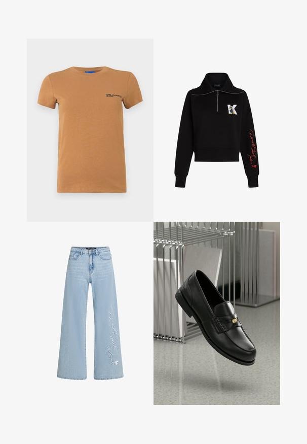Čierna skrátená mikina s vysokým golierom, strieborným zipsom a červeným kurzívovým textom na rukáve. Na prednej strane má súmračnú kreslenú nálepku.; Krátky rukáv béžové tričko s okrúhlym výstrihom s logom "KARL LAGERFELD JEANS" potlačeným na ľavej hrudi.; Svetlomodré široké džínsy z denimu s vyšitým textom "Donald a Daisy" na ľavom boku. Majú klasický dizajn s piatimi vreckami a pútka na opasok.; Čierne kožené mokasíny s hladkým povrchom, s ozdobnou páskou a malým zlatým akcentom. Podrážka je plochá s zaoblenou špičkou.