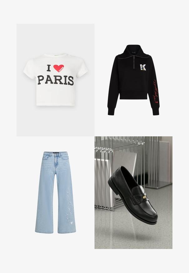 Fekete cropped pulóver magas gallérral, ezüst cipzárral és piros írott szöveggel az ujjon. Elöl egy rajzfilmszerű logó található.; Fehér pamut crop póló rövid ujjakkal, vastag fekete felirattal "I LOVE PARIS" és egy piros szívvel, valamint a "FUTURE" szó piros betűkkel.; Világoskék, bőszárú farmernadrág, bal lábszáron „Donald és Daisy” hímzett felirattal. Klasszikus öt zsebes dizájn és övhurkok jellemzik.; Fekete bőr loaferek sima felülettel, dekoratív sávval és kis arany kiegészítővel. Az talp lapos, kerek orrú.