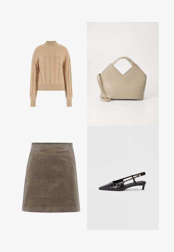 Pulover tricotat bej, cu un guler înalt cu nervuri, având un model de tricotare în cablu și manșete și tiv cu nervuri, creând un aspect texturat.; Fustă mini din corduroy khaki, cu o formă dreaptă, textură netedă și talie simplă, având linii ribbate verticale pe întreaga suprafață.; Sandal din piele neagră, cu vârf ascuțit, cu model de crocodil, toc mic și înălțat, și curea ajustabilă cu detaliu metalic de cataramă.; Geantă structurată bej cu un vârf în formă de V, din material din piele netedă, cu mânere scurte și o curea lungă, ajustabilă. Design minimalist.