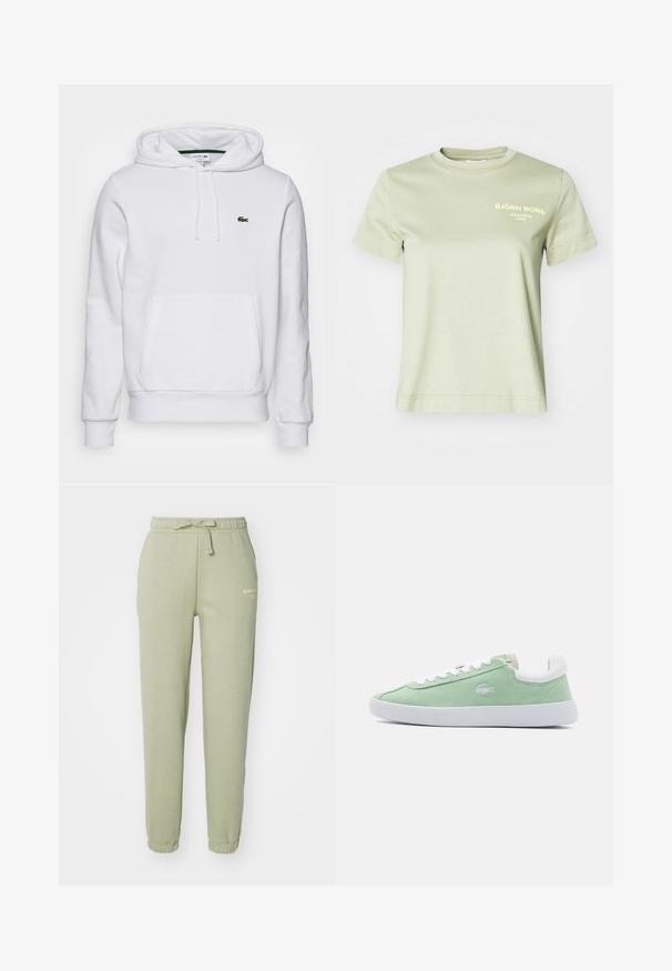 Biela mikina s kapucňou a predným vreckom, so šnúrkami, rebrovanými manžetami a lemom. Na hrudi má malé zelené logo Lacoste.; Svetlozelené bavlnené tričko s okrúhlym výstrihom a krátkymi rukávmi. Na prednej strane je biele potlačený text "BJÖRN BORG STOCKHOLM 1956."; Svetlozelené tepláky s elastickými manžetami a sťahovacím pásom. Obsahujú malé embosované logo v zlatej farbe na boku.; Zelené zamatové tenisky s bielymi šnúrkami a pätou. Obsahujú jemné logo na boku a štruktúrované detaily blízko päty. Plochá gumová podrážka.