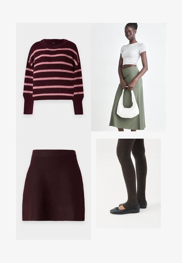 Burgundský sveter s horizontálnymi ružovými pruhmi. Pletená textura, okrúhly výstrih a rebrované manžety. Spadnuté ramená. Štvorcový strih.; Burgundská mini sukňa s užším pasom, hladkou textúrou a rozšírenou siluetou. Jednoduchý dizajn bez vzorov alebo kovových detailov.; Čierne ploché topánky s malou mašľou na špičke, v kombinácii s tmavohnedými rebrovanými pančuchami. Topánky majú hladký povrch a nízky profil.; Sivý pruhovaný crop top a olivovo zelená sukňa s vysokým pásom. Model drží bielu ramennú tašku s vyrezávanými detailmi. Jednoduchý dizajn, priliehavý strih.