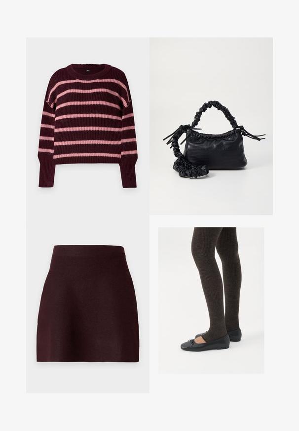 Bordeauxtröja med horisontella rosa ränder. Stickad textur, rund hals, och ribbad ärmavslut. Neddragna axlar. Boxig design.; Burgundy minikjol med en åtsittande midja, slät textur och en utställd silhuett. Enkel design utan mönster eller metalldetaljer.; Svarta platta skor med en liten rosett vid tån, i kombination med mörkbruna ribbade strumpbyxor. Skorna har en slät yta och låg profil.; Svart faux läderhandväska med krokodiltextur, snodd topp och en skrämd rem. Ser mjuk och kompakt ut i designen.