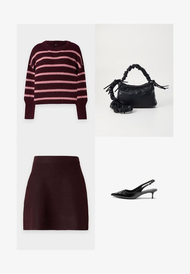 Burgundský sveter s horizontálnymi ružovými pruhmi. Pletená textura, okrúhly výstrih a rebrované manžety. Spadnuté ramená. Štvorcový strih.; Burgundská mini sukňa s užším pasom, hladkou textúrou a rozšírenou siluetou. Jednoduchý dizajn bez vzorov alebo kovových detailov.; Čierne kožené slingback podpätky s ostrou špičkou, malým podpatkom a dekoratívnym uzlom vpredu. Hladký povrch po celom obvode.; Čierna umelá kožená kabelka s kroko vzorom, sťahovaným vrchom a zhnutým popruhom. Vyzerá mäkko a kompaktné v dizajne.