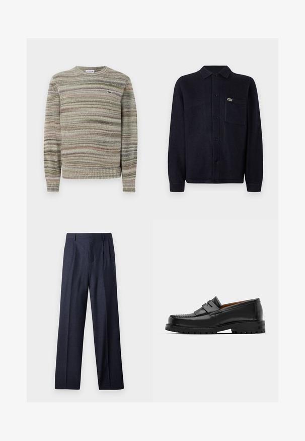 Maglione a righe in tonalità di grigio, verde e rosa. Design con scollo rotondo, maniche lunghe e tessuto lavorato a maglia. Presenta un piccolo logo.; Giacca camicia di tessuto testurizzato in colore blu navy, realizzata in un materiale morbido, con colletto, apertura con bottoni, maniche lunghe e una tasca cucita con un logo.; Pantaloni di lana blu navy con vestibilità su misura, caratterizzati da una parte anteriore piegata e gambe ampie. Texture liscia e linee pulite, adatti per occasioni formali.; I mocassini in pelle nera presentano una cucitura sollevata, due fasce decorative sulla parte superiore e una suola spessa e texture per una maggiore aderenza.