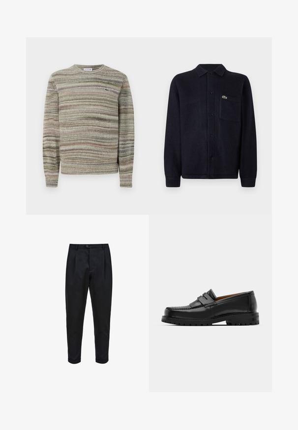 Gestreifter Pullover in Grautönen, Grün und Pink. Entworfen mit Rundhalsausschnitt, langen Ärmeln und einem strukturierten Strickstoff. Verfügt über ein kleines Logo.; Marineblaue, strukturierte Hemdjacke aus weichem Stoff, mit Kragen, Knopfleiste, langen Ärmeln und einer gestickten Tasche mit Logo.; Schwarze Hose aus einem glatten Stoff, mit einem gefalteten Vorderteil, schmalem Schnitt und umgeschlagenen Säumen. Einfache Knopfverschluss an der Taille.; Schwarze Lederloafer verfügen über eine erhöhte Naht, zwei dekorative Riemen im oberen Bereich und eine dicke, strukturierte Sohle für zusätzlichen Halt.