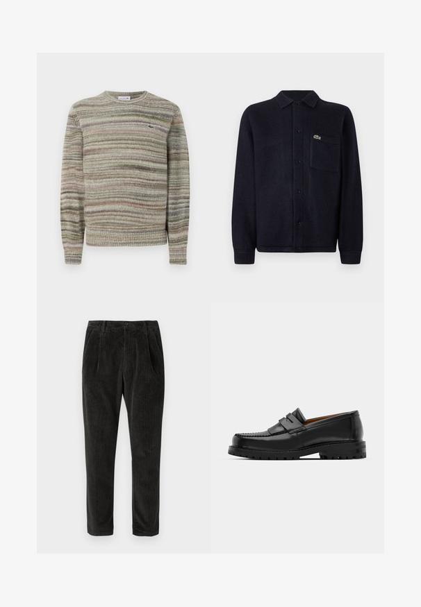 Maglione a righe in tonalità di grigio, verde e rosa. Design con scollo rotondo, maniche lunghe e tessuto lavorato a maglia. Presenta un piccolo logo.; Giacca camicia di tessuto testurizzato in colore blu navy, realizzata in un materiale morbido, con colletto, apertura con bottoni, maniche lunghe e una tasca cucita con un logo.; Pantaloni in corduroy grigio scuro, con righe verticali, chiusura con bottone e tasche laterali, dal taglio affusolato. Tessuto morbido.; I mocassini in pelle nera presentano una cucitura sollevata, due fasce decorative sulla parte superiore e una suola spessa e texture per una maggiore aderenza.