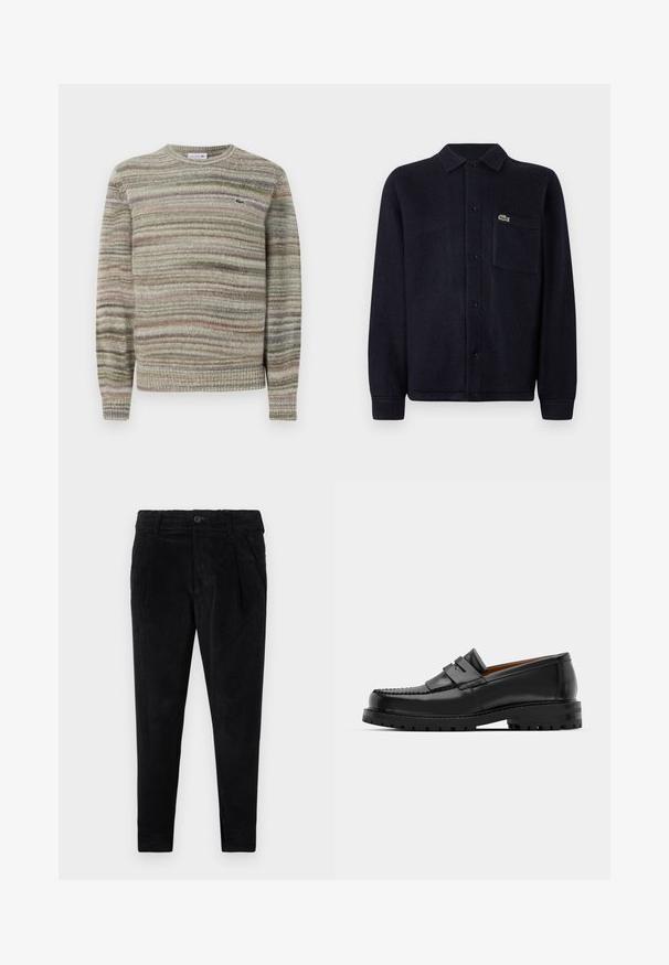 Sweater riscado em tons de cinza, verde e rosa. Com um design de gola redonda, mangas longas e um tecido de malha texturizado. Apresenta um pequeno logotipo.; Camisa jaqueta texturizada em azul-marinho, feita de um tecido suave, com colarinho, fecho de botões, mangas longas e um bolso costurado com um logo.; Calças de veludo cotelê pretas com um corte justo, apresentando um fecho de botão, dois bolsos frontais e textura nervurada vertical em toda a parte.; Os mocassins de couro preto apresentam uma costura elevada, duas tiras decorativas na parte superior e uma sola grossa e texturizada para maior aderência.