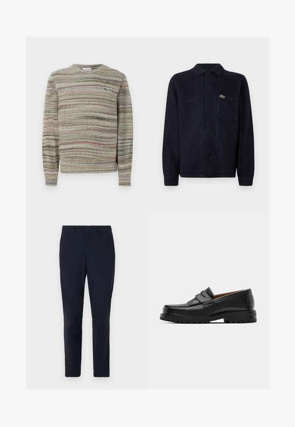 Striped sweater in shades of gray, green, and pink. Designed with a crew neck, long sleeves, and a textured knit fabric. Features a small logo.; Navy textured shirt jacket made of soft fabric, featuring a collar, button front, long sleeves, and a stitched pocket with a logo.; Navy blue tailored pants made from woven fabric, featuring a flat front, belt loops, and a slim fit design with side pockets.; Black leather loafers feature a raised seam, two decorative straps on the upper, and a thick textured sole for added grip.