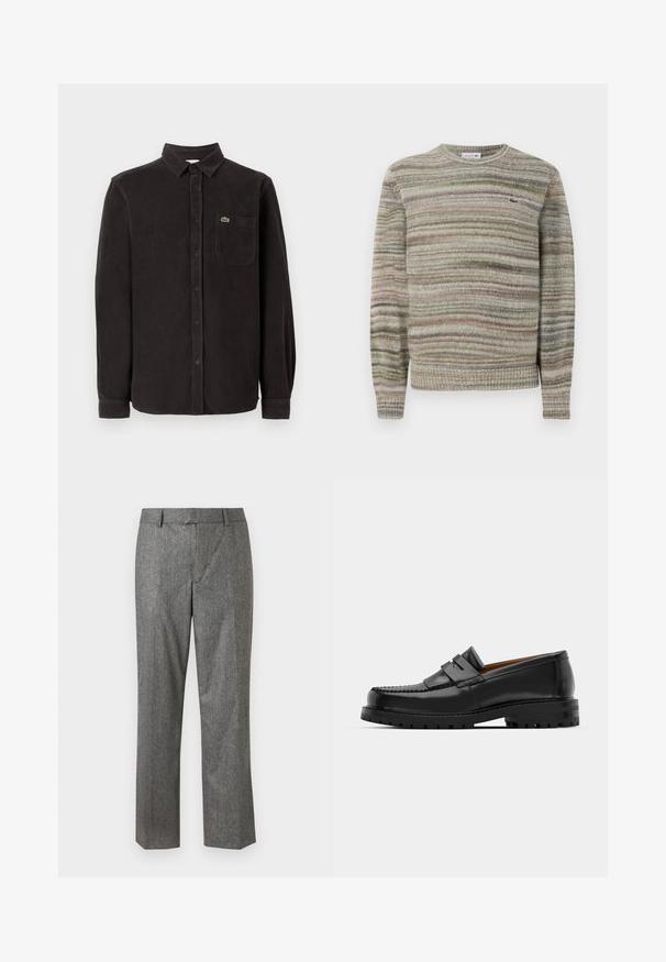 Prugasti pulover u nijansama sive, zelene i ružičaste. Dizajniran s okruglim izrezom, dugim rukavima i teksturiranim pletenim materijalom. Sadrži mali logo.; Crna kordura košulja s dugim rukavima, kragnom na dugmad, prednjim džepom i malim zelenim logom na gornjoj lijevoj strani.; Sive malo krojene hlače od teksturiranog materijala, ravne nogavice, s prednjim džepovima i ravnim pojasom. Nema vidljivih kopčanja.; Crne kožne mokasine imaju podignutu šav, dvije dekorativne trake na gornjem dijelu i debeli teksturirani đon za bolji grip.
