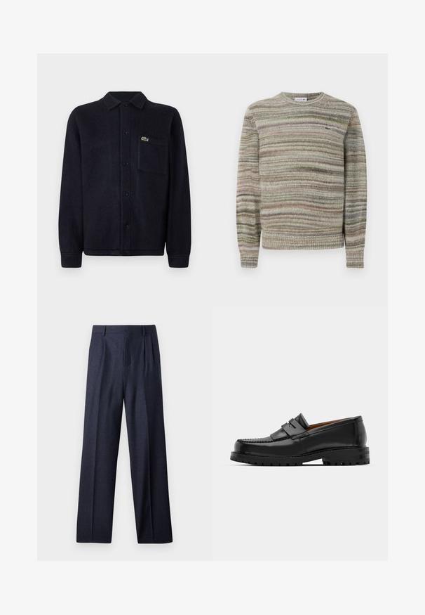 Pruhovaný sveter v odtieňoch šedej, zelenej a ružovej. Navrhnutý s okrúhlym výstrihom, dlhými rukávmi a textúrovanou pleteninou. Obsahuje malé logo.; Námornícka textúrovaná košeľa s bundou vyrobená z mäkkej tkaniny, s golierom, predným zapínaním na gombíky, dlhými rukávmi a prešitým vreckom s logom.; Námornícke vlnené nohavice s prispôsobeným strihom, s prešívaným predným dielom a širokými nohami. Hladká textúra a čisté línie, vhodné na formálne príležitosti.; Čierne kožené mokasíny majú vystúpený šev, dve dekoratívne pásky na vrchu a hrubú textúrovanú podrážku pre lepšiu priľnavosť.