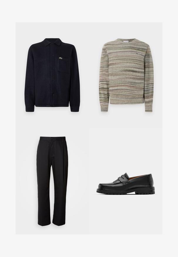 Pruhovaný svetr v odstínech šedé, zelené a růžové. Navržen s kulatým výstřihem, dlouhými rukávy a strukturovanou pleteninou. Obsahuje malé logo.; Námořnická texturovaná košile-jacket vyrobená z měkké tkaniny, s límečkem, knoflíkovým zapínáním, dlouhými rukávy a prošitými kapsami s logem.; Černé kalhoty s rovnými nohavicemi, vyrobené z lehké tkaniny. Mají přední zapínání na knoflík a dvě boční kapsy; hladká textura.; Černé kožené mokasíny mají zvýšený šev, dvě dekorativní pásky na svršku a silnou strukturovanou podrážku pro lepší přilnavost.