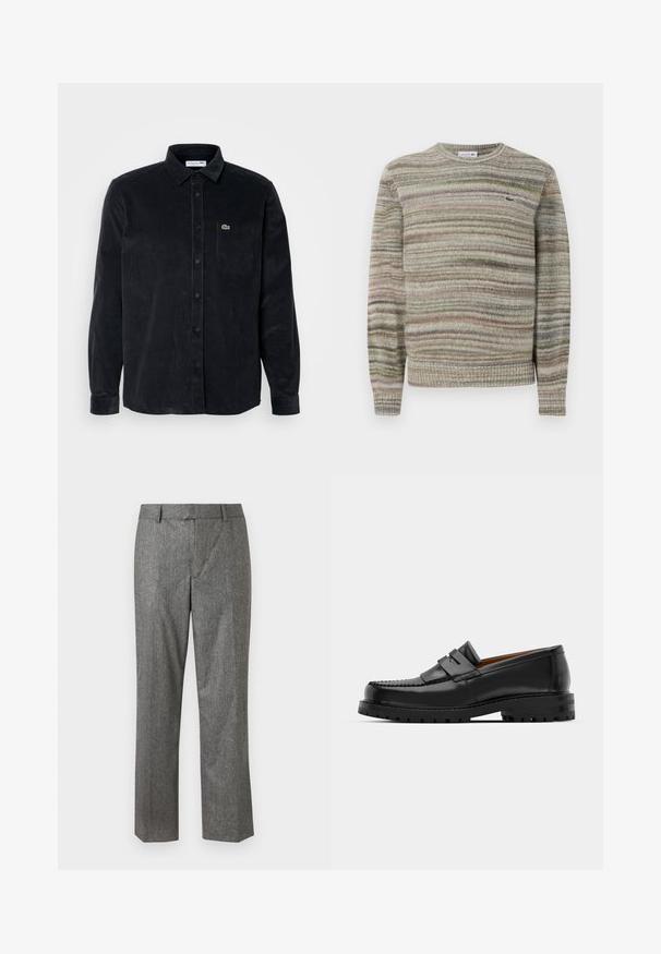 Maglione a righe in tonalità di grigio, verde e rosa. Design con scollo rotondo, maniche lunghe e tessuto lavorato a maglia. Presenta un piccolo logo.; Camicia nera in corduroy a maniche lunghe con chiusura a bottoni, colletto a punta e taschino sul lato sinistro del petto con un piccolo logo verde.; Pantaloni grigi su misura in un tessuto testurizzato, design a gamba dritta, con tasche anteriori e vita piatta. Nessun chiusura visibile.; I mocassini in pelle nera presentano una cucitura sollevata, due fasce decorative sulla parte superiore e una suola spessa e texture per una maggiore aderenza.