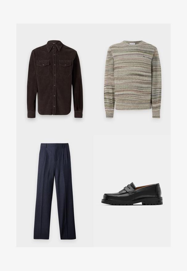 Gestreifter Pullover in Grautönen, Grün und Pink. Entworfen mit Rundhalsausschnitt, langen Ärmeln und einem strukturierten Strickstoff. Verfügt über ein kleines Logo.; Braune Cord-Hemd mit klassischem Kragen, langen Ärmeln, zwei Brusttaschen mit Knopfverschluss und strukturiertem Stoff.; Marineblaue Wollhose mit maßgeschneiderter Passform, ausgestattet mit gefaltetem Vorderteil und weit geschnittenen Beinen. Glatte Textur und klare Linien, geeignet für formelle Anlässe.; Schwarze Lederloafer verfügen über eine erhöhte Naht, zwei dekorative Riemen im oberen Bereich und eine dicke, strukturierte Sohle für zusätzlichen Halt.