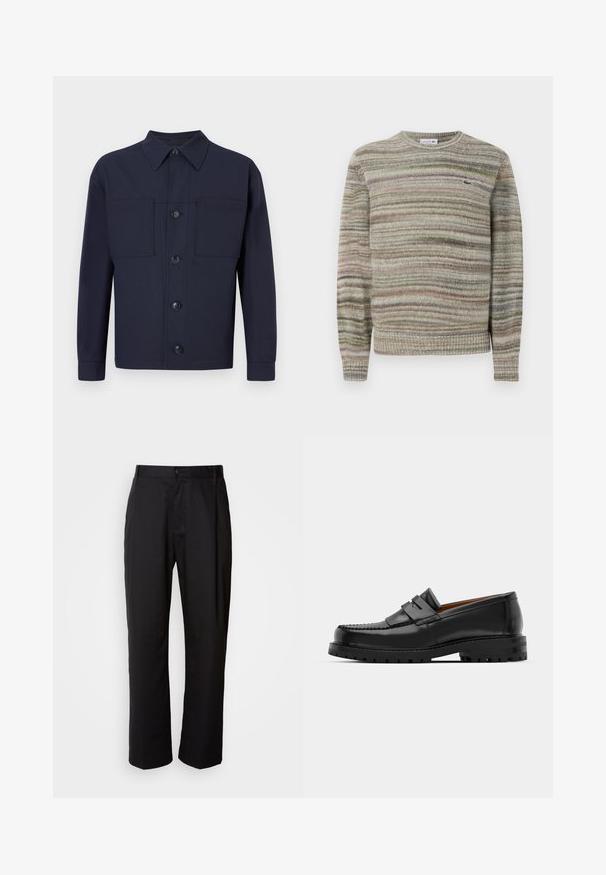 Sweater riscado em tons de cinza, verde e rosa. Com um design de gola redonda, mangas longas e um tecido de malha texturizado. Apresenta um pequeno logotipo.; Casaco azul-marinho com botões, feito de um tecido com textura suave. Apresenta dois bolsos no peito e um colarinho pontudo, com quatro botões na frente.; Calças pretas de corte reto, feitas de tecido leve. Apresentam um fecho frontal com botão e dois bolsos laterais; textura suave.; Os mocassins de couro preto apresentam uma costura elevada, duas tiras decorativas na parte superior e uma sola grossa e texturizada para maior aderência.
