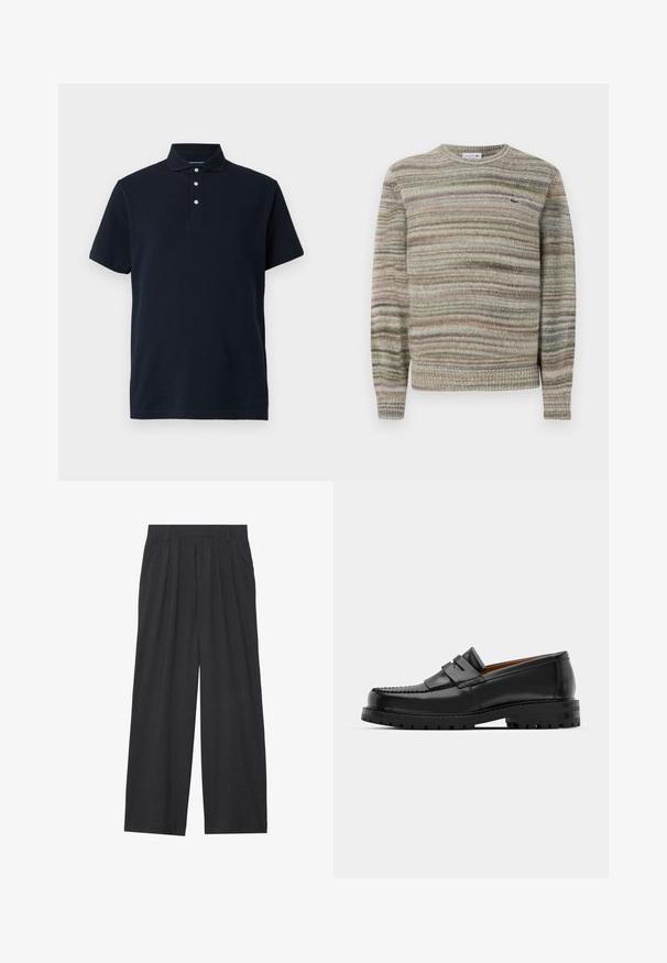 Pruhovaný svetr v odstínech šedé, zelené a růžové. Navržen s kulatým výstřihem, dlouhými rukávy a strukturovanou pleteninou. Obsahuje malé logo.; Tmavě modré polo tričko s krátkým rukávem, límcem a třemi bílými knoflíky na léze, vystavené na jednobarevném pozadí.; Široké kalhoty vyrobené z tmavě šedé látky. Mají plisování v pase, střih na míru a rovný siluetu.; Černé kožené mokasíny mají zvýšený šev, dvě dekorativní pásky na svršku a silnou strukturovanou podrážku pro lepší přilnavost.