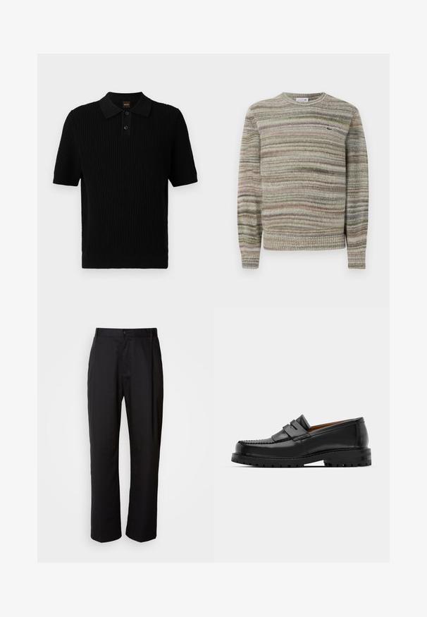 Sweater riscado em tons de cinza, verde e rosa. Com um design de gola redonda, mangas longas e um tecido de malha texturizado. Apresenta um pequeno logotipo.; Polo preto de manga curta com textura ribada, com abertura de três botões e colarinho clássico. Apresenta a marca BOSS em laranja.; Calças pretas de corte reto, feitas de tecido leve. Apresentam um fecho frontal com botão e dois bolsos laterais; textura suave.; Os mocassins de couro preto apresentam uma costura elevada, duas tiras decorativas na parte superior e uma sola grossa e texturizada para maior aderência.