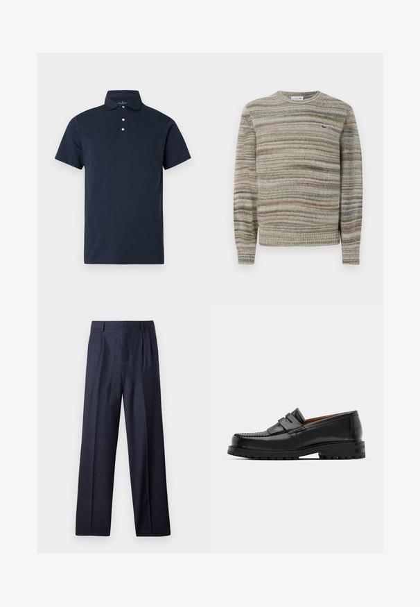 Stripet genser i nyanser av grått, grønt og rosa. Designet med rund hals, lange ermer og et strukturert strikket stoff. Har en liten logo.; Marineblå poloskjorte laget av en glatt bomullsblanding. Kortsleeves, tresknappet placket, og ingen synlige mønstre eller logoer.; Marineblå ullbukser med skreddersydd passform, med pilert front og vide ben. Glatt tekstur og rene linjer, egnet for formelle anledninger.; Svart skinnloafers har en hevet søm, to dekorative stropper på oversiden, og en tykk teksturert såle for bedre grep.