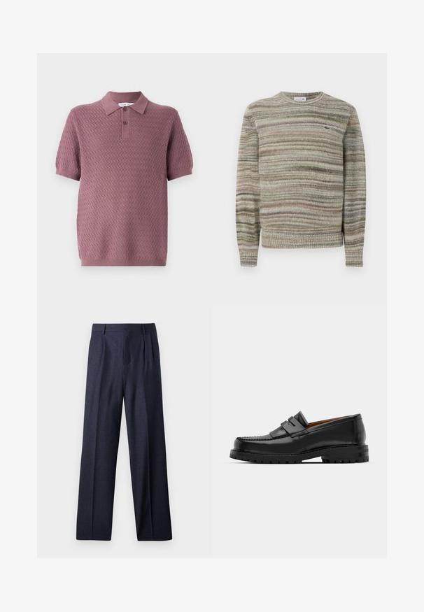 Striped sweater in shades of gray, green, and pink. Designed with a crew neck, long sleeves, and a textured knit fabric. Features a small logo.; Short-sleeve polo shirt in mauve with a textured zigzag pattern, a pointed collar, and two buttons on the placket. Soft knit material.; Navy wool trousers with a tailored fit, featuring pleated front and wide legs. Smooth texture and clean lines, suitable for formal occasions.; Black leather loafers feature a raised seam, two decorative straps on the upper, and a thick textured sole for added grip.