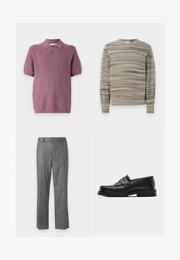 Gestreifter Pullover in Grautönen, Grün und Pink. Entworfen mit Rundhalsausschnitt, langen Ärmeln und einem strukturierten Strickstoff. Verfügt über ein kleines Logo.; Kurzarm-Polohemd in Mauve mit einem strukturierten Zickzackmuster, einem spitzen Kragen und zwei Knöpfen an der Knopfleiste. Weiches Strickmaterial.; Graue maßgeschneiderte Hose aus einem strukturierten Stoff, gerade Passform, mit Fronttaschen und flachem Bund. Keine sichtbaren Verschlüsse.; Schwarze Lederloafer verfügen über eine erhöhte Naht, zwei dekorative Riemen im oberen Bereich und eine dicke, strukturierte Sohle für zusätzlichen Halt.