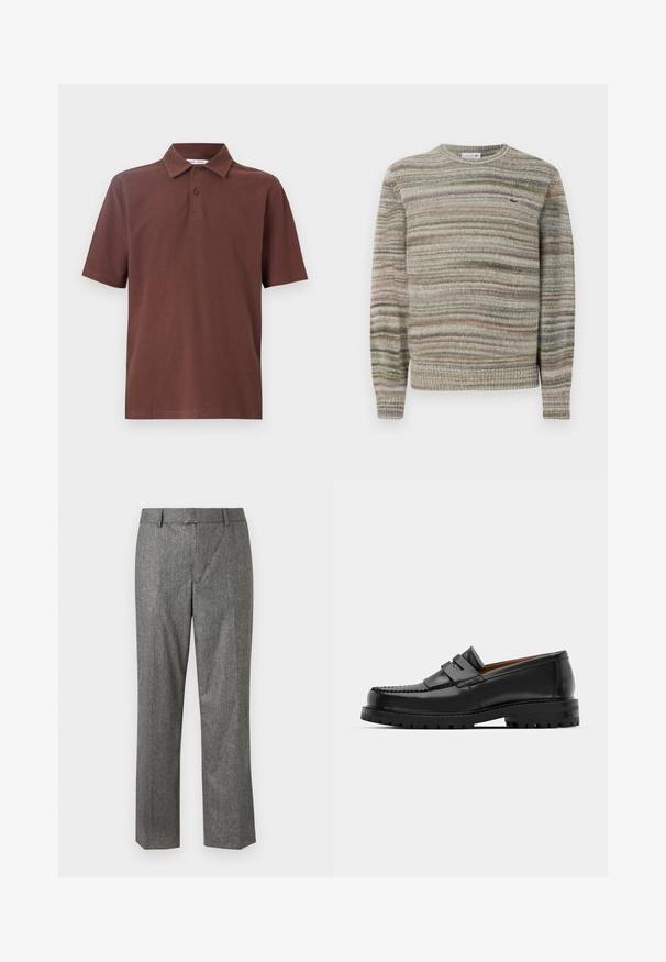 Svītrots džemperis pelēkos, zaļos un rozā toņos. Izstrādāts ar apaļu kaklu, garām piedurknēm un teksturētu adījuma materiālu. Iekļauj nelielu logo.; Brūna polo krekls, kas izgatavots no elpojoša auduma, ar klasisku apkakli un trīs pogām, ar diskrētu logotipu uz krūtīm.; Pelēkie pielāgotie bikses no teksturēta auduma, taisnu kāju dizains, ar priekšējiem kabatām un plakanu jostas vietu. Nav redzamu aizdari.; Melni ādas loafers cepumi izceļas ar paceltu šuvu, divām dekoratīvām siksnām augšpusē un biezu teksturētu zoli labākai saķerei.
