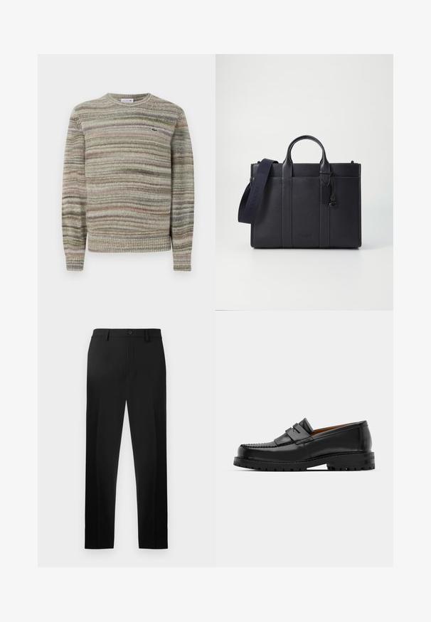 Pulover cu dungi în nuanțe de gri, verde și roz. Proiectat cu decolteu rotund, mâneci lungi și un material tricotat texturat. Include un logo mic.; Pantaloni negri dintr-o țesătură netedă, cu un croi drept, pliuri frontale și închidere cu nasture la talie.; Mocasinii din piele neagră au o cusătură ridicată, două bare decorative pe partea superioară și o talpă groasă texturată pentru o aderență suplimentară.; Servietă din piele de culoare albastru închis, cu două mânere superioare și o curea detasabilă. Prezintă un finisaj texturat, cusături verticale și detalii cu logo.