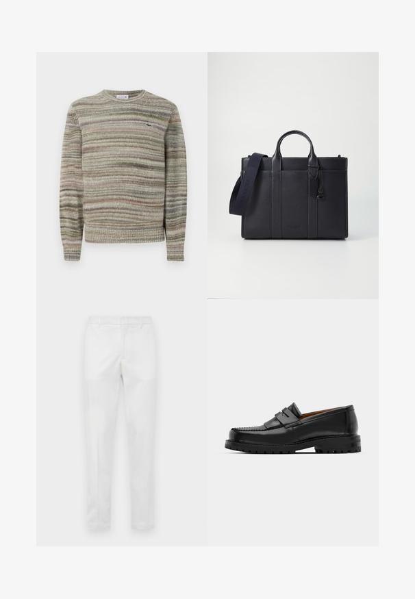 Striped sweater in shades of gray, green, and pink. Designed with a crew neck, long sleeves, and a textured knit fabric. Features a small logo.; Slim-fit white trousers with belt loops, front zipper, and side pockets, displayed flat on a neutral background.; Black leather loafers feature a raised seam, two decorative straps on the upper, and a thick textured sole for added grip.; Dark navy leather briefcase with dual top handles and a detachable strap. Features textured finish, vertical stitching, and logo detail.