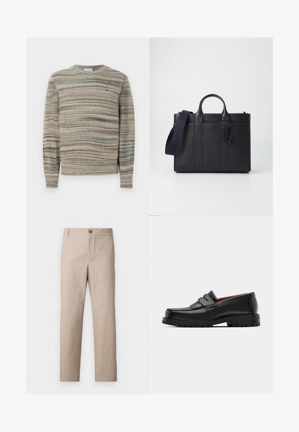 Svītrots džemperis pelēkos, zaļos un rozā toņos. Izstrādāts ar apaļu kaklu, garām piedurknēm un teksturētu adījuma materiālu. Iekļauj nelielu logo.; Bēša kokvilnas bikses ar taisnu griezumu, ar rāvējslēdzēja lidojumu un pogas aizdari. Gluda tekstūra ar priekšējām kabatām un minimālistisku dizainu.; Melni ādas loafers cepumi izceļas ar paceltu šuvu, divām dekoratīvām siksnām augšpusē un biezu teksturētu zoli labākai saķerei.; Tumši jūras zila ādas portfelis ar divām augšējām rokturiem un noņemamu siksnu. Ar teksturētu apdari, vertikālām šuvēm un logo detaļu.