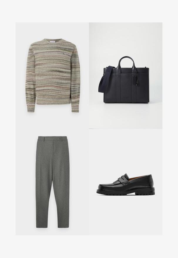 Gestreepte trui in grijstinten, groen en roze. Ontworpen met een ronde hals, lange mouwen en een gebreide stof met textuur. Bevat een klein logo.; Grijze op maat gemaakte broeken van een zachte stof. Heeft een tailleband, riemlussen en een taps toelopend ontwerp. Soepele textuur, zonder patronen.; Zwarte leren instappers hebben een verhoogde naad, twee decoratieve banden op de bovenkant en een dikke, gestructureerde zool voor extra grip.; Donkerblauwe leren aktetas met dubbele bovenhandgrepen en een afneembare schouderband. Kenmerkt zich door een gestructureerde afwerking, verticale stiksels en een logo-detail.