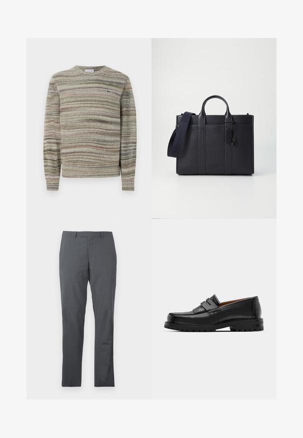 Črtasta jopica v odtenkih sive, zelene in roza. Oblikovana je s krojnim ovratnikom, dolgimi rokavi in teksturirano pletenino. Ima majhen logotip.; Sive hlače z gladkim, teksturiranim materialom. Ozek kroj, ravna sprednja stran in brez vidnih okrasnih elementov ali žepov.; Črne usnjene loafersice imajo dvignjen šiv, dve dekorativni trakovi na zgornjem delu in debel strukturiran podplat za boljši oprijem.; Temno mornarsko usnjeno aktovko z dvema zgoraj ročaji in odstranljivim trakom. Ima teksturirano površino, navpične šive in podrobnost z logotipom.