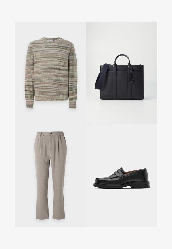 Striped sweater in shades of gray, green, and pink. Designed with a crew neck, long sleeves, and a textured knit fabric. Features a small logo.; Light grey pants with a relaxed fit, made of soft fabric, featuring an elastic waistband, pleats, and a single button closure.; Black leather loafers feature a raised seam, two decorative straps on the upper, and a thick textured sole for added grip.; Dark navy leather briefcase with dual top handles and a detachable strap. Features textured finish, vertical stitching, and logo detail.