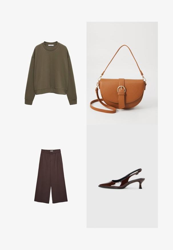 Olivgrüner, kurzer Sweatshirt aus weichem Stoff, mit Rundhalsausschnitt, überschnittenen Schultern und Rippbündchen sowie Saum.; Braune, weite Hosen aus weichem Material, mit Falten an der Taille und seitlichen Taschen. Maßgeschneiderte Silhouette mit bequemem Sitz.; Braune Lackleder-Slingback-Schuhe mit spitzer Zehe und moderatem Absatz. Mit einem Schnallenriemen für einen sicheren Sitz. Glatte Textur.; Braune Leder-Crossbody-Tasche mit geschwungener Form, goldfarbenen Beschlägen und einer Schnallenakzentuierung. Verfügt über einen abnehmbaren Schultergurt.